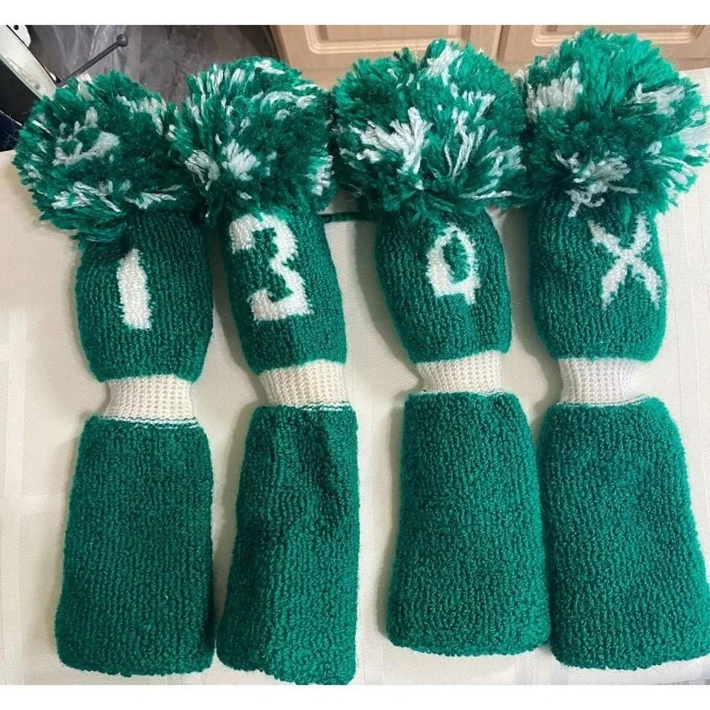 Retro Green & White Pom Pom Golf Club Head Covers Set of 4 1 3 X Driver - Picture 2 of 6